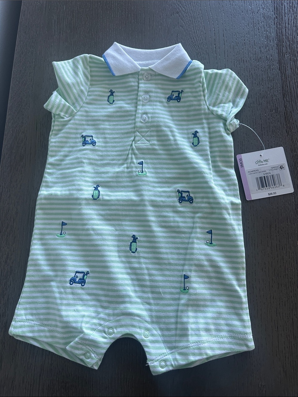 NWT Little Me Light Green Stripe golfPolo One-Piece with Blue Accents